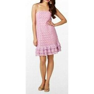 Lilly Pulitzer Pink Floral Eyelet‎ Strapless Tiered Ruffle Mini Dress Size 6